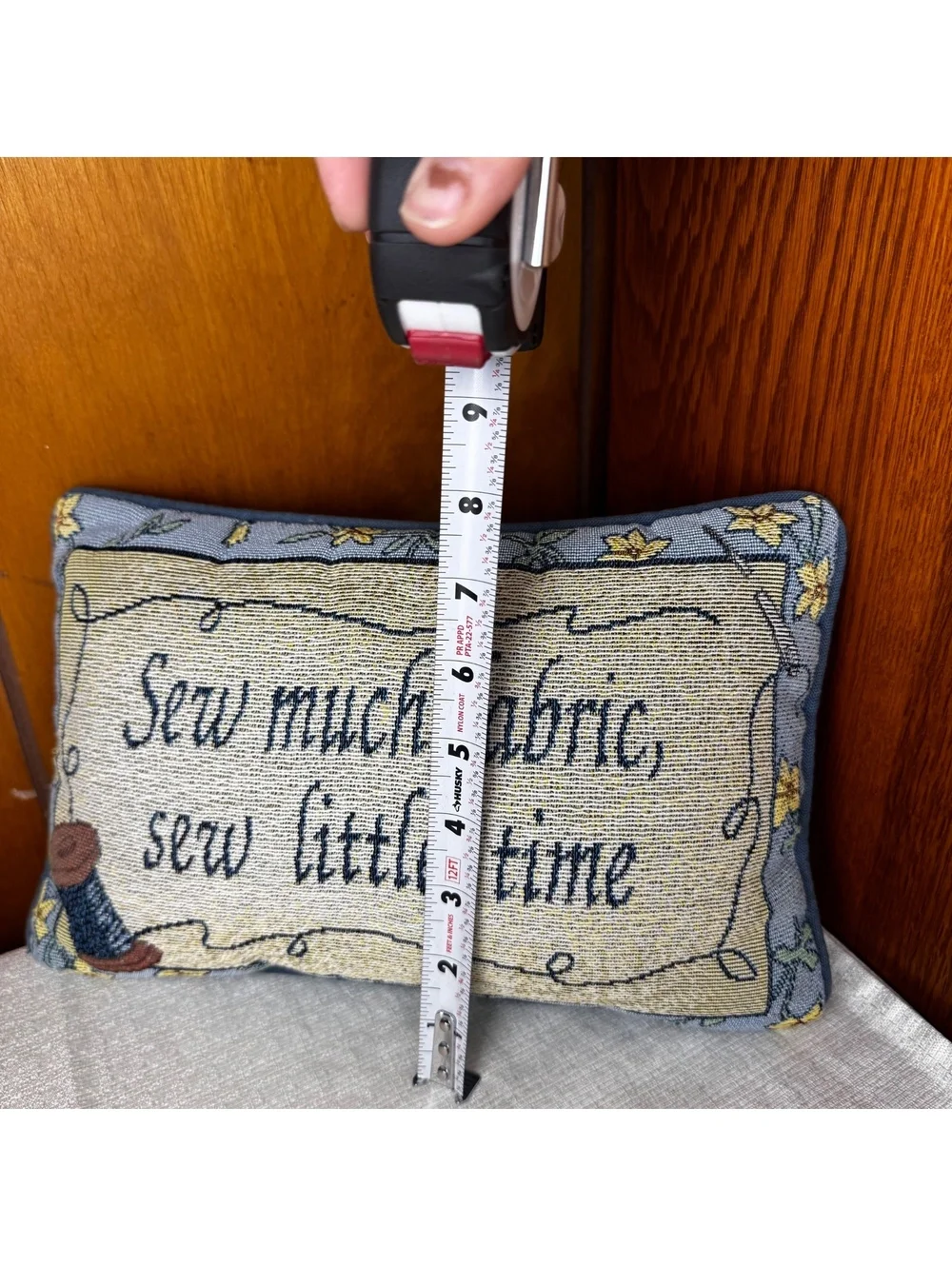 Vintage Sewing Themed Tapestry Pillow Sew Much Fabric Sew Little Time 12x7